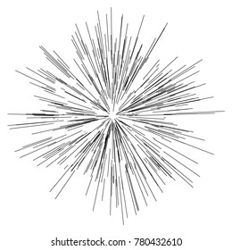 Radiating from the center of thin beams, lines. Vector illustration. Icon black on white. Design element for logo, signs. Dynamic style. Abstract explosion, speed motion lines from the middle, 