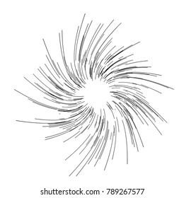 Radiating from the center of thin beams, lines. Vector illustration. Icon black on white. Design element for logo, signs. Dynamic style. Abstract explosion, speed motion lines from the middle, radiati