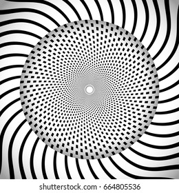 Radiating concentric circle op art backdrop. Optical illusion abstract vector background.
