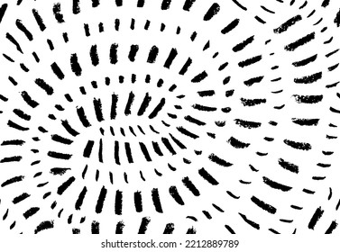 Radiating and concentric lines seamless pattern. Brush drawn small dashes in circle shape. Black vector dots in circle form. Abstract geometric doodle background. Spirals background. 