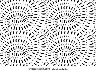 Radiating and concentric lines seamless pattern. Brush drawn small dashes in circle shape. Black vector dots in circle form. Abstract geometric doodle background. Spirals background. 