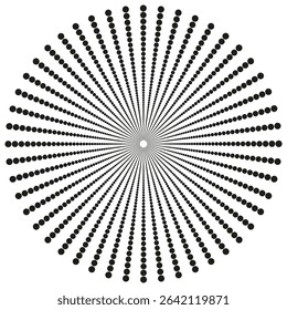 Radiating dot shape. Abstract burst vector. Circular motion form. Black white pattern.