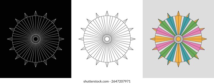 Radiating geometric mandala with symmetrical segments and vibrant fills for bold decor.