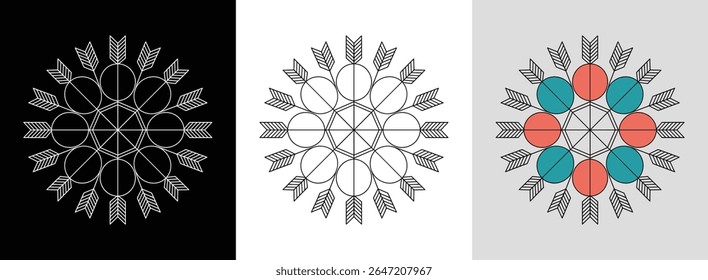 Mandala de hexágono radiante com pontas de flecha e círculos sobrepostos para decoração vibrante.