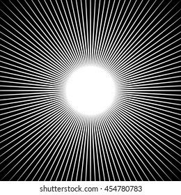 Radiating lines starburst pattern. Radial rays, beams. Abstract circular background with converging lines at center. Vector illustration.