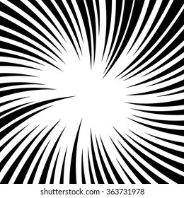 Radiating lines with twirl, rotation effect. Abstract vector background.