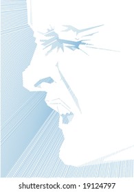 radiating lines of various thickness illustrating a male face sneezing,wincing in pain or shouting