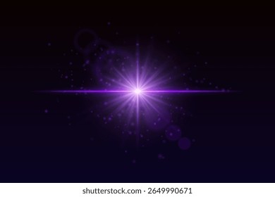 Radiating purple burst with glowing particles and lens reflections. Soft sparkle light for cinematic magic or special effects.