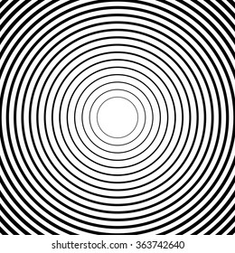 Radiating, radial circles monochrome pattern / background. Abstract minimal vector. Ripple effect.