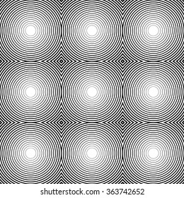 Radiating, radial circles monochrome pattern / background. Abstract minimal vector. Ripple effect.