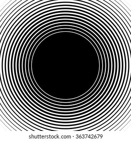 Radiating, radial circles monochrome pattern / background. Abstract minimal vector. Ripple effect.