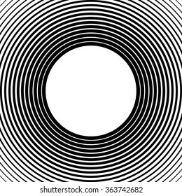 Radiating, radial circles monochrome pattern / background. Abstract minimal vector. Ripple effect.