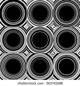 Radiating, radial circles monochrome pattern / background. Abstract minimal vector. Ripple effect.