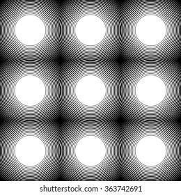 Radiating, radial circles monochrome pattern / background. Abstract minimal vector. Ripple effect.
