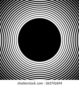 Radiating, radial circles monochrome pattern / background. Abstract minimal vector. Ripple effect.