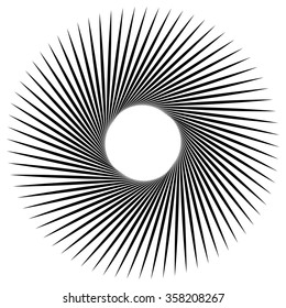 Radiating, radial lines with spiral, vortex effect. Rotating spiky, pointed lines. Abstract vector element.