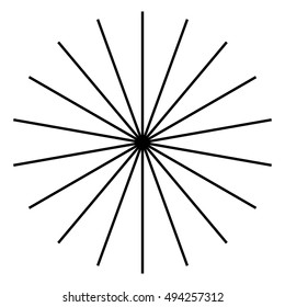 Radiating, radial lines. Starburst, sunburst shape. Converging ray, beam lines merging at center. Geometric circular element.