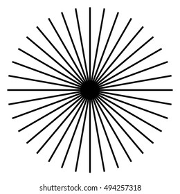 Radiating, radial lines. Starburst, sunburst shape. Converging ray, beam lines merging at center. Geometric circular element.