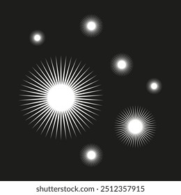 Formas radiantes de estallido estelar. Rayos blancos brillantes. Estallidos de luz simétricos. Patrón abstracto de Vector.