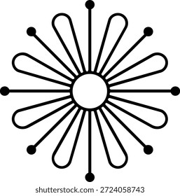 Símbolo de sol radiante con líneas y puntos equilibrados, expresando energía, positividad, vitalidad, equilibrio y enfoque creativo.