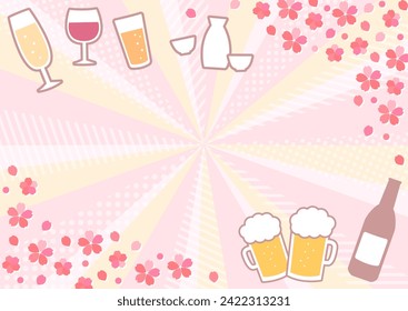 Radiation background of cherry blossoms and alcohol set that can be used for welcome and farewell parties