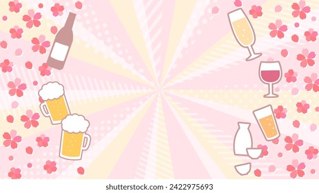 Radiation background of cherry blossoms and alcohol set that can be used for welcome and farewell parties