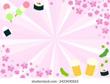 Radiation background of cherry blossoms and alcohol set that can be used for a cherry blossom viewing party
