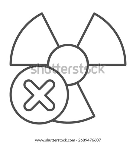 Radiation ban thin line icon, not radioactive concept. Vector graphics. Radioactive with close button, forbidden item sign on white background, outline style icon for mobile or web design