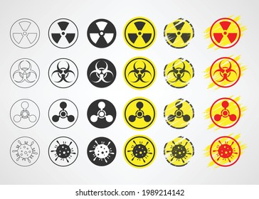 Radiation, Bio Hazard, Chemical Weapon, Coronavirus Warning Symbol On White Background, Vector Illustration.