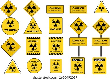 radiation caution icon. warning tape. diagonal stripes. Nuclear symbol design collection. ecology and environment icons. universal danger sign