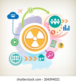 Radiation and cloud on abstract colorful watercolor background with different icon and elements. 