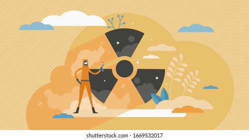 Radiation concept, flat tiny person vector illustration. Abstract nuclear toxic waste scene with worker in radioactive protection suit. Hazardous danger risk, black symbol on a yellow background.