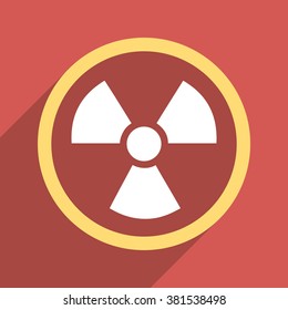 Radiation Danger long shadow vector icon. Style is a flat light symbol on a red square background.