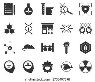 Radiation, danger, sign. Bioengineering glyph icons set. Biotechnology for health, researching, materials creating. Molecular biology, biomedical and molecular engineering