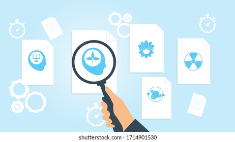 Radiation, danger, sign file, document research vector illustration. Document with search icons. File and magnifying glass. Analytics research sign. Vector Illustration