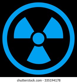 Radiation Danger vector icon. Style is flat symbol, blue color, rounded angles, black background.