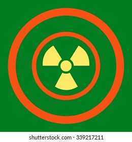 Radiation Danger vector icon. Style is bicolor flat rounded symbol, orange and yellow colors, rounded angles, green background.