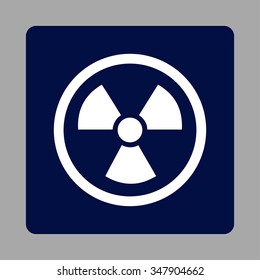 Radiation Danger vector icon. Style is flat rounded square button, white and dark blue colors, silver background.