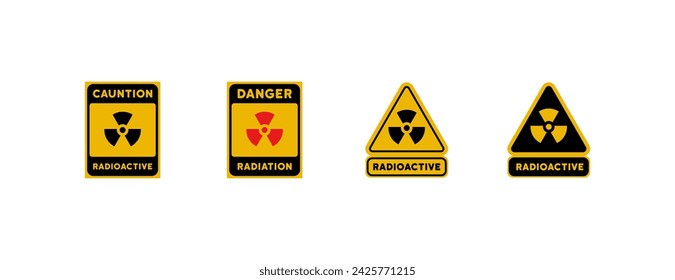 Radiation danger warning icons. Flat, yellow, caution radioactive, danger radiation, radioactive triangles. Vector icons