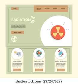 Plantilla del sitio web de la página de aterrizaje plana de radiación. Paneles solares, ecología del planeta, recursos hídricos. Banner web con encabezado, contenido y pie de página. Ilustración vectorial.