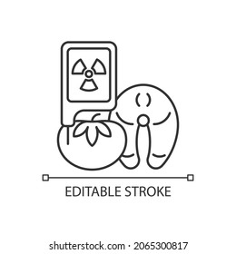 Icono lineal de radiación en pruebas de alimentos. Irradiación alimentaria. Determinar el peligro nuclear de los productos. Ilustración personalizable de línea delgada. Símbolo de contorno. Dibujo de contorno aislado del vector. Trazo editable