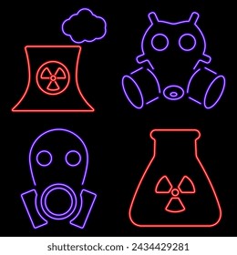radiation group of neon icons, vector illustration on black background.