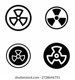 Conjunto de ícones de risco de radiação, símbolo de aviso nuclear em estilo preto e branco
