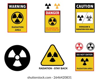 Radiation hazard sign bundle with nuclear symbols in triangle, square, circle, and rectangle shapes—ideal for labeling radioactive zones and nuclear material warnings.