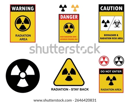 Radiation hazard sign bundle with nuclear symbols in triangle, square, circle, and rectangle shapes—ideal for labeling radioactive zones and nuclear material warnings.