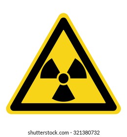Radiation Hazard Sign. Symbol of radioactive threat alert. Black hazard emblem isolated in yellow triangle on white background. Danger label. Warning icon. Stock Vector Illustration