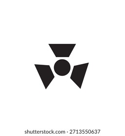 Icono de símbolo de peligro de radiación en diseño negro sólido, con un círculo central con tres cuchillas triangulares. Ideal para señales de advertencia nucleares, señalización de seguridad, h industrial