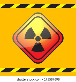 Radiation hazard warning sign on a square table on yellow background with ribbons.Vector.