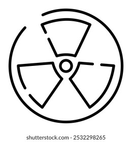 Ícone de radiação. Sinal de linha preta, traçado editável. Símbolo de radiação perigosa, segurança nuclear, aviso de perigo, resíduos radioativos. Ilustração vetorial. Conceito de ecologia para web design, impressão, logotipo