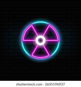 Radiation icon. Black on white background with shadow. Vector illustration. neon style. Radioactive caution sign illustration. Circle icon - radioactive symbol. neon.